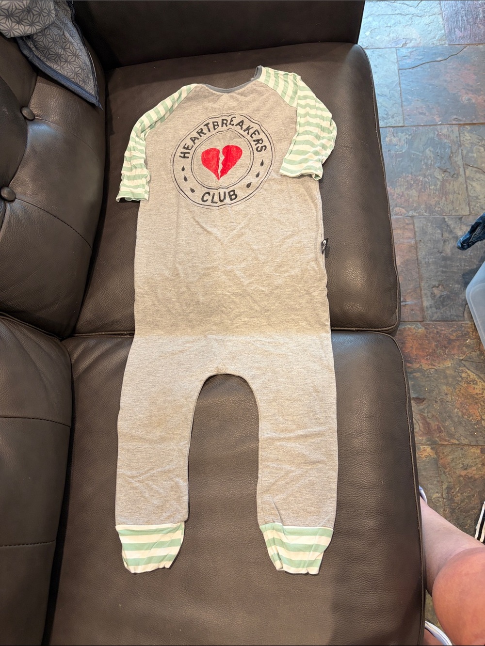 Rags to Raches Grey One-Piece with Mint Stripe Sleeves & Red Heart